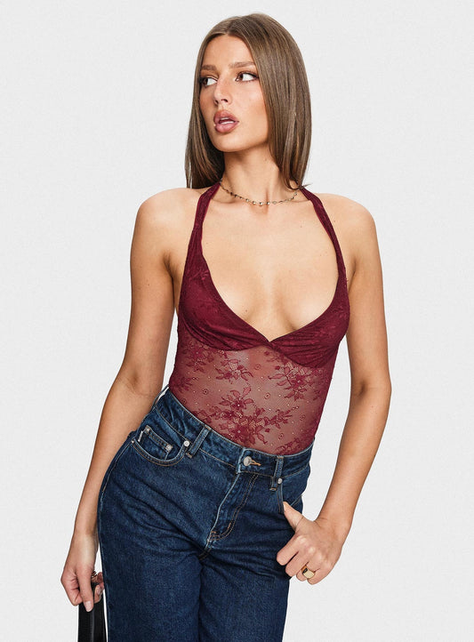 Kaitlen Sheer Bodysuit Maroon