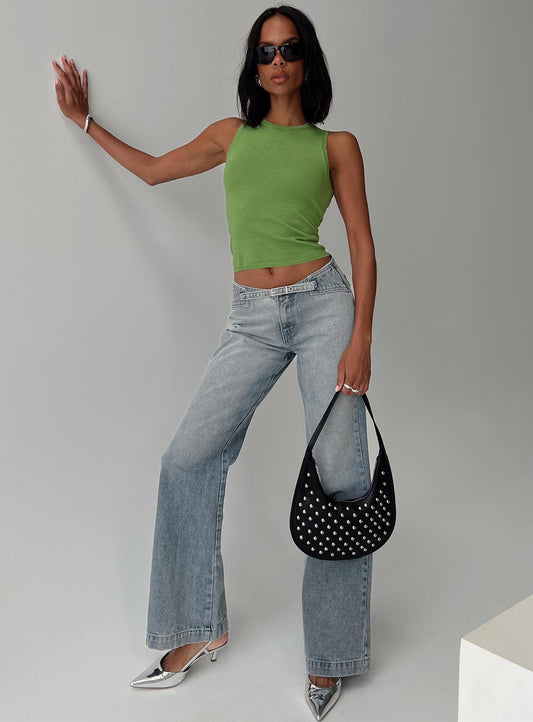 Slow Ride Mid Rise Bootleg Belted Jeans Light Blue