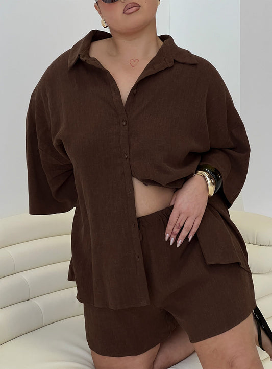 Peni Linen Button Down Top Chocolate Curve
