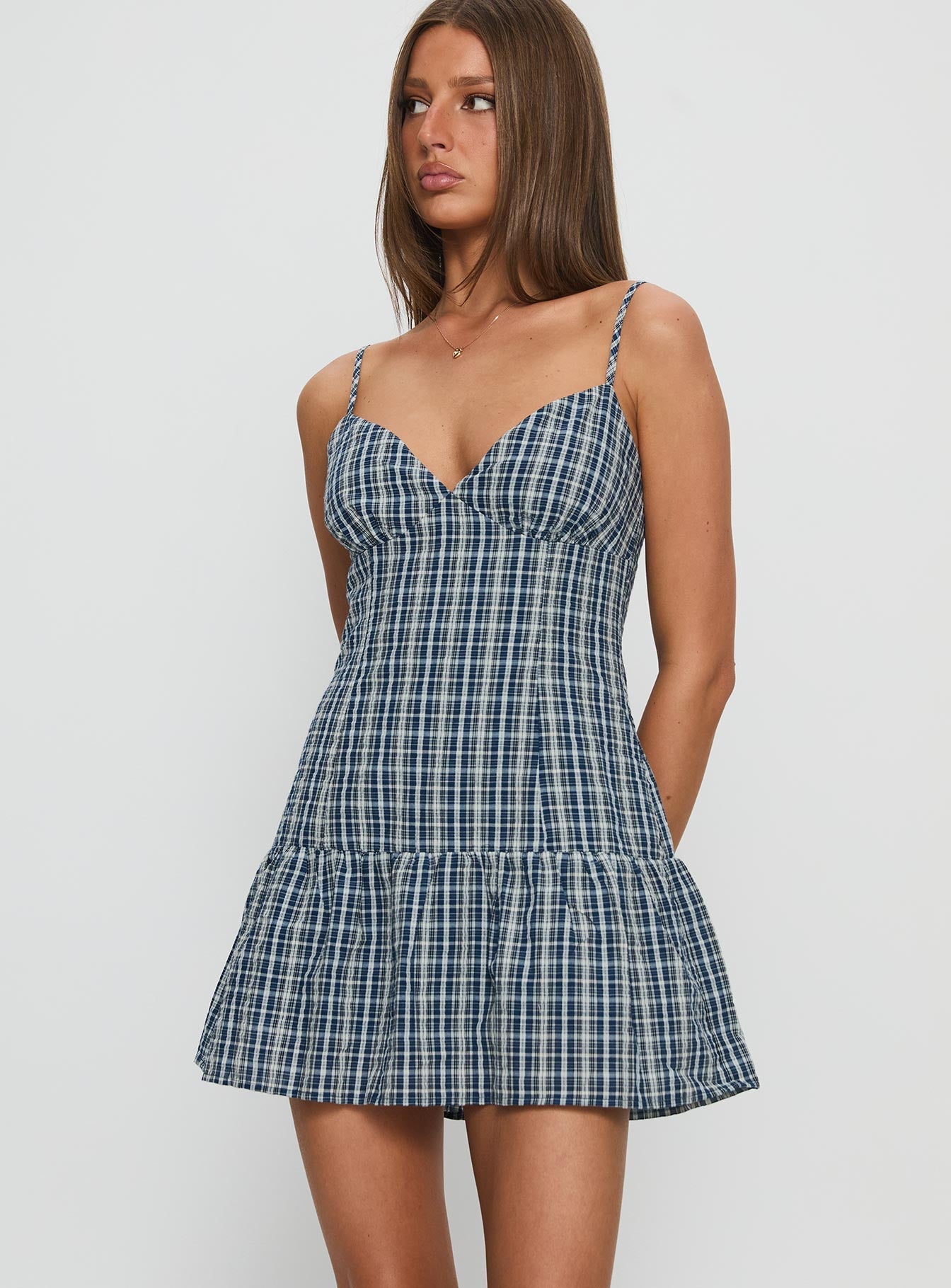 Jessamae Drop Waist Playsuit Blue Check