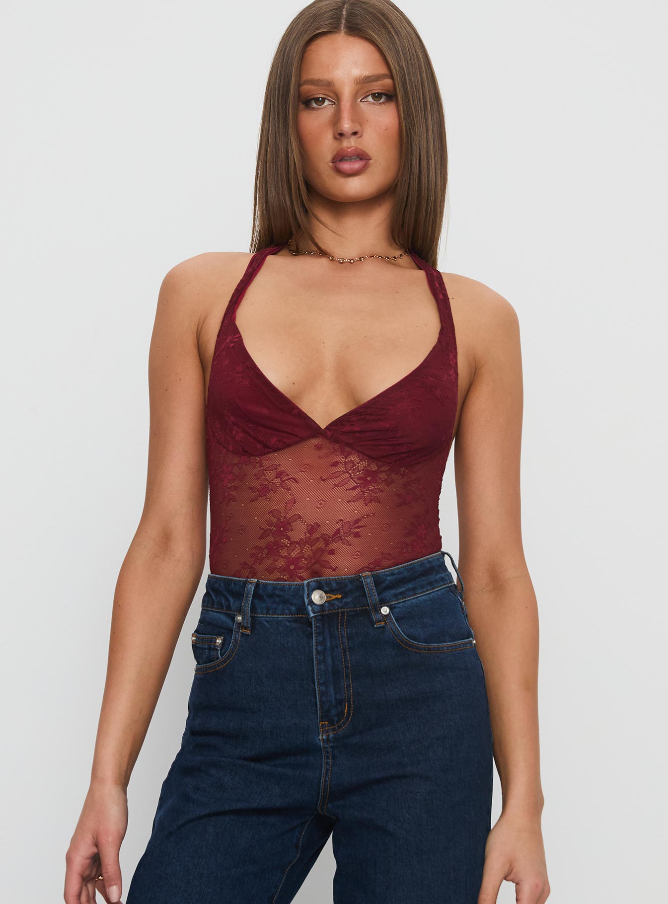 Kaitlen Sheer Bodysuit Maroon