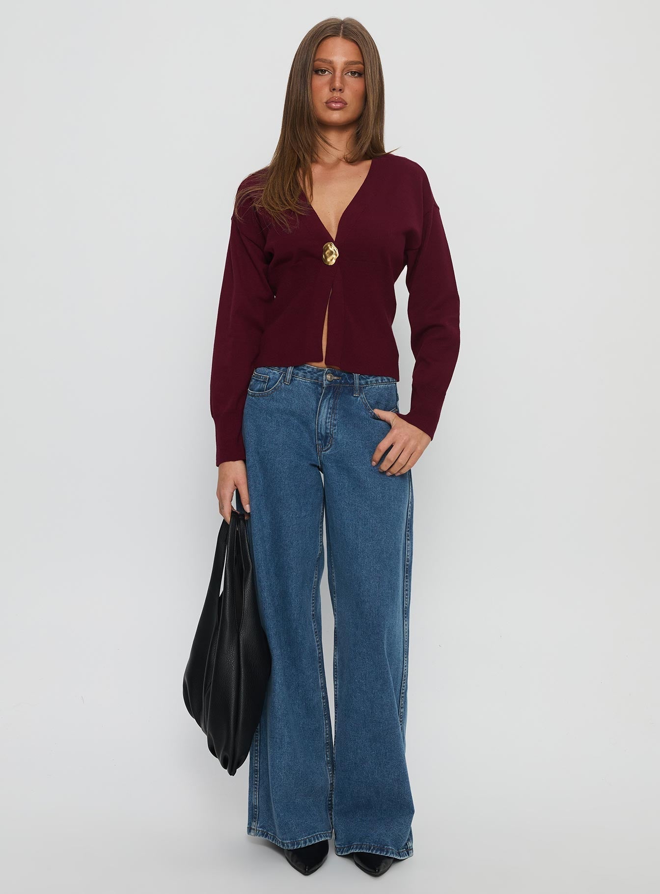Nolie Hardware Detail Knit Cardigan Wine