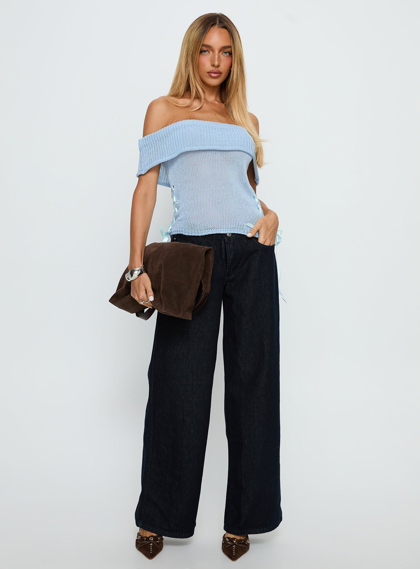 Marisyn Tie Detail Off Shoulder Top Blue