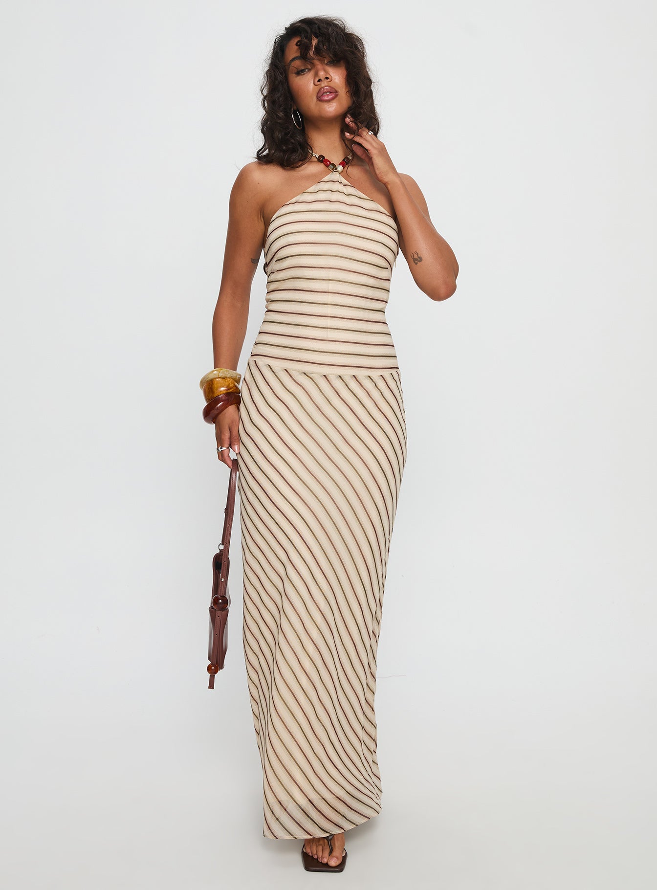 Tropeza Beaded Halter Maxi Dress Multi Stripe