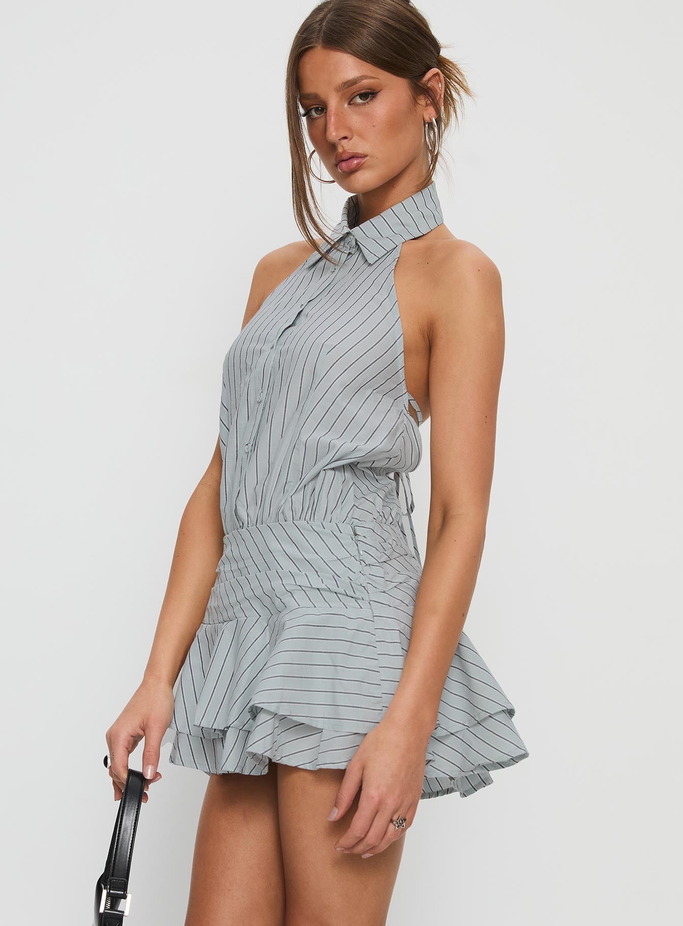 Soreia Halter Tiered Mini Dress Blue Stripe