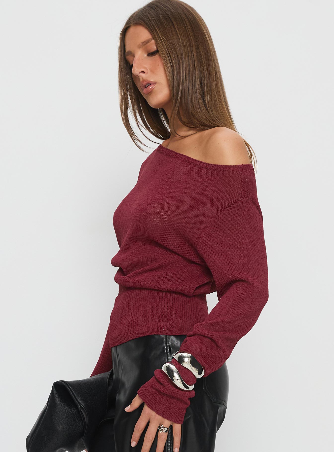 Durian Asymmetric Knit Sweater Burgundy