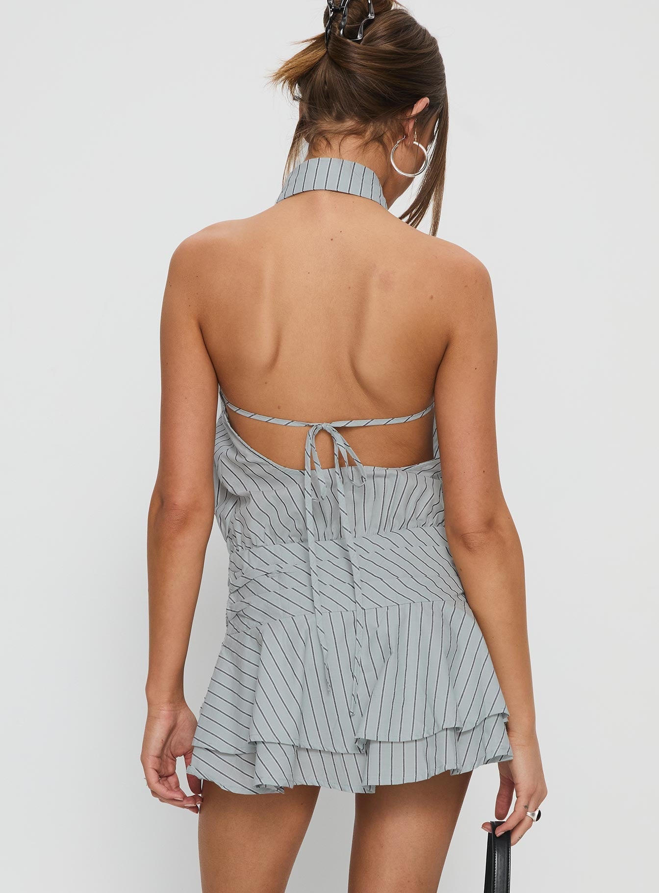 Soreia Halter Tiered Mini Dress Blue Stripe