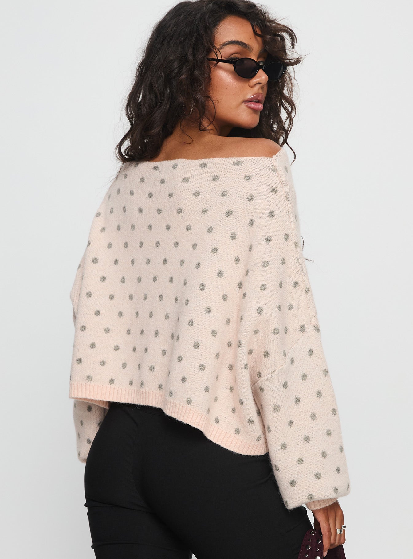 Francess Off Shoulder Knit Sweater Pink Polka