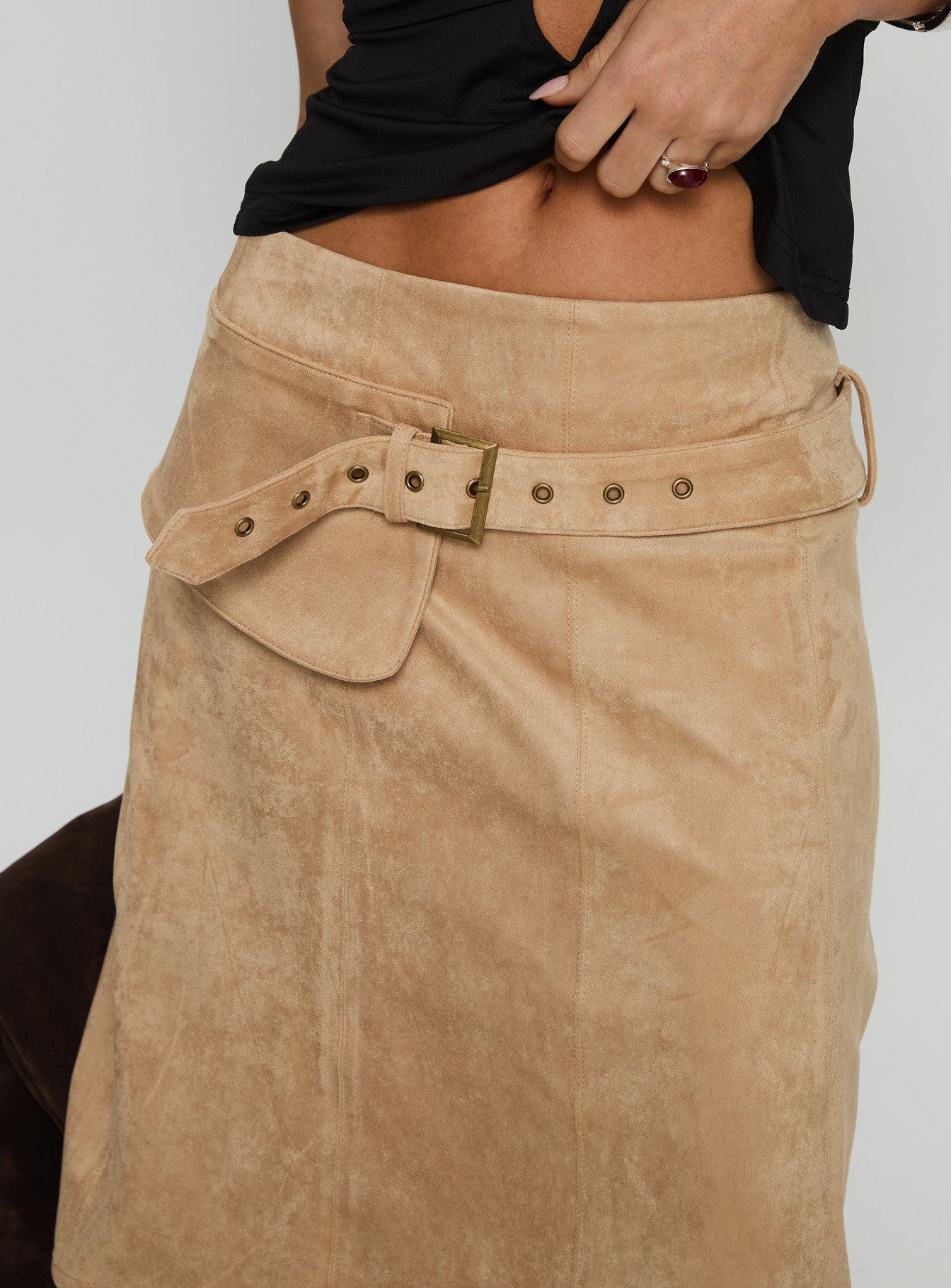 Kitzu Faux Suede Cargo Midi Skirt Light Tan
