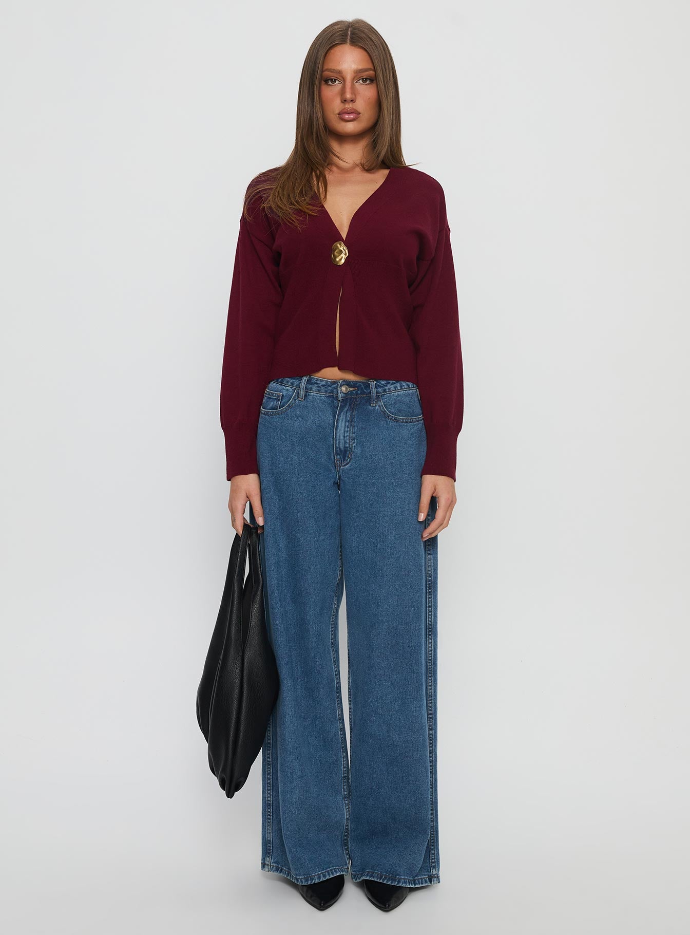Nolie Hardware Detail Knit Cardigan Wine