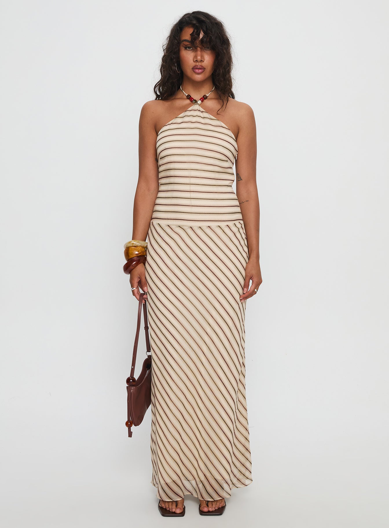 Tropeza Beaded Halter Maxi Dress Multi Stripe