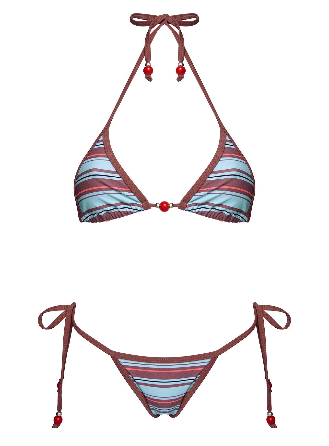 Mikaya Beaded Triangle Bikini Top Blue / Brown Stripe