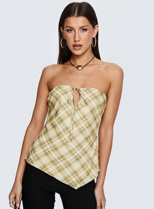 I Wonder Strapless Cut Out Top Yellow Check