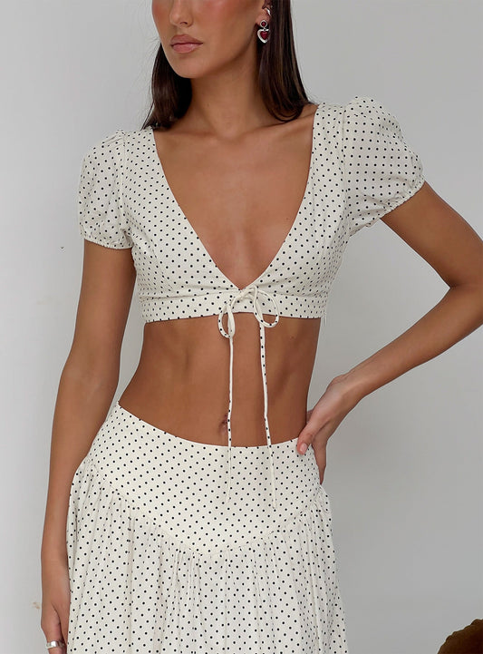 Alletta Tie Up Top Cream Polka