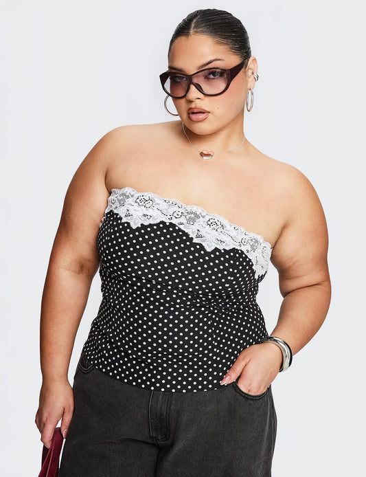 Ettore Lace Trim Strapless Top Black Polka Curve
