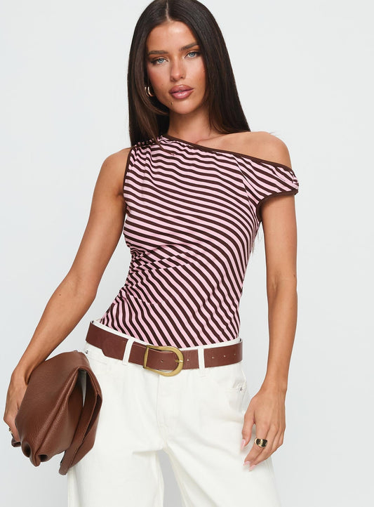 Ayviana One Shoulder Bodysuit Pink / Brown Stripe
