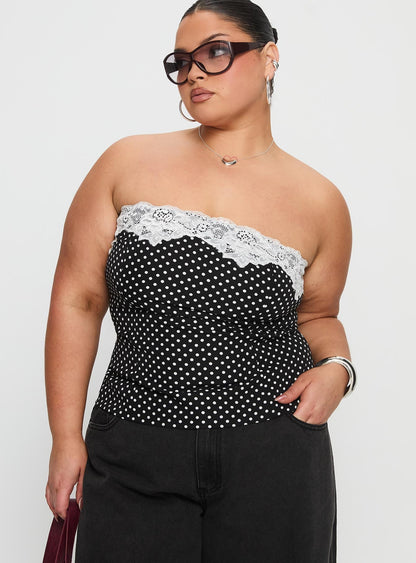 Ettore Lace Trim Strapless Top Black Polka Curve