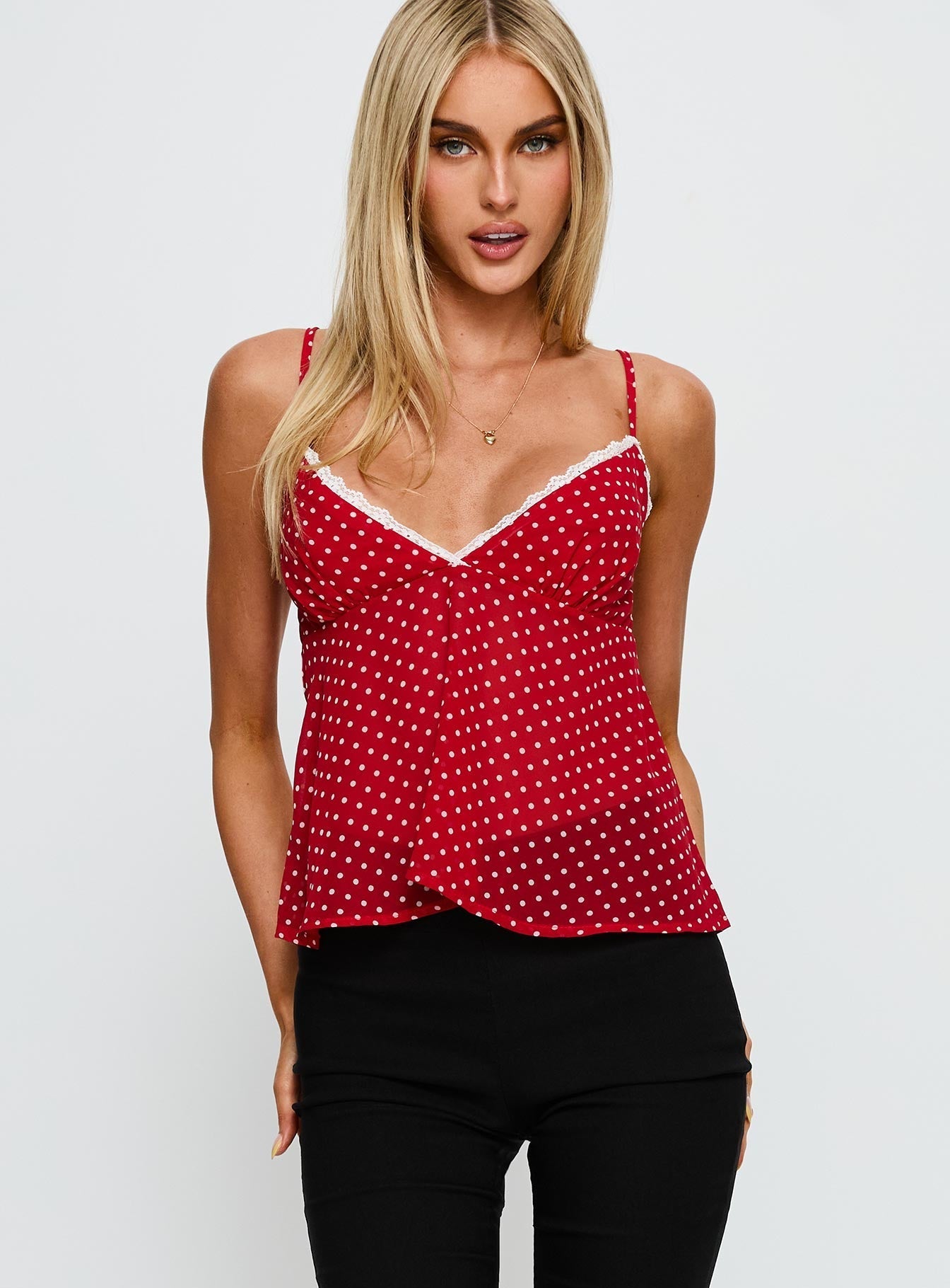 Darlyne Lace Trim Cami Top Red Polka