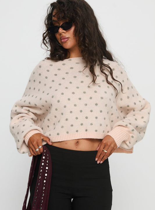 Francess Off Shoulder Knit Sweater Pink Polka
