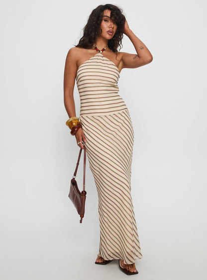 Tropeza Beaded Halter Maxi Dress Multi Stripe