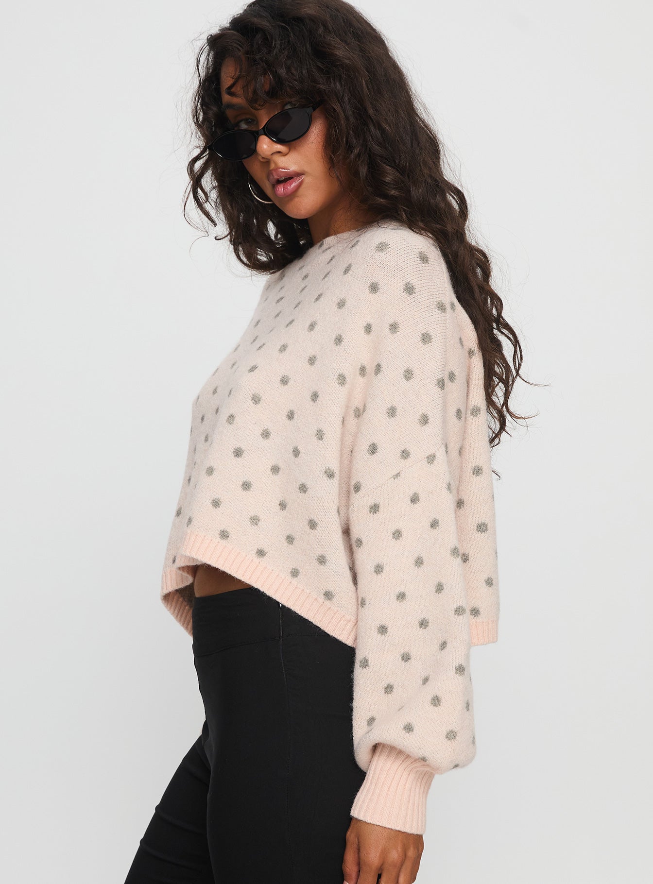 Francess Off Shoulder Knit Sweater Pink Polka