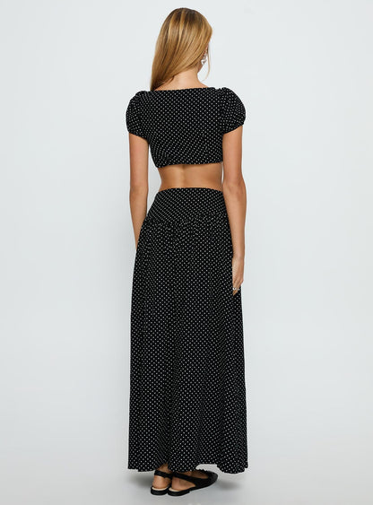Alletta Drop Waist Maxi Skirt Black Polka