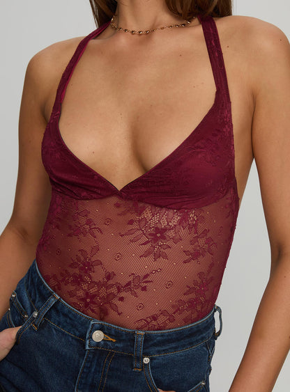 Kaitlen Sheer Bodysuit Maroon