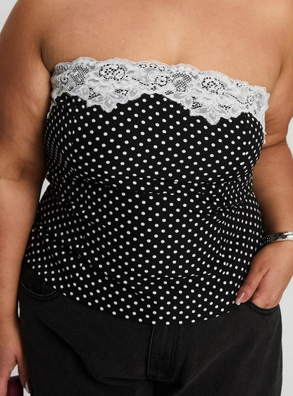 Ettore Lace Trim Strapless Top Black Polka Curve