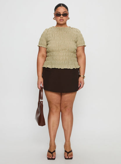 Romelle Shirred Top Green / Brown Plaid Curve