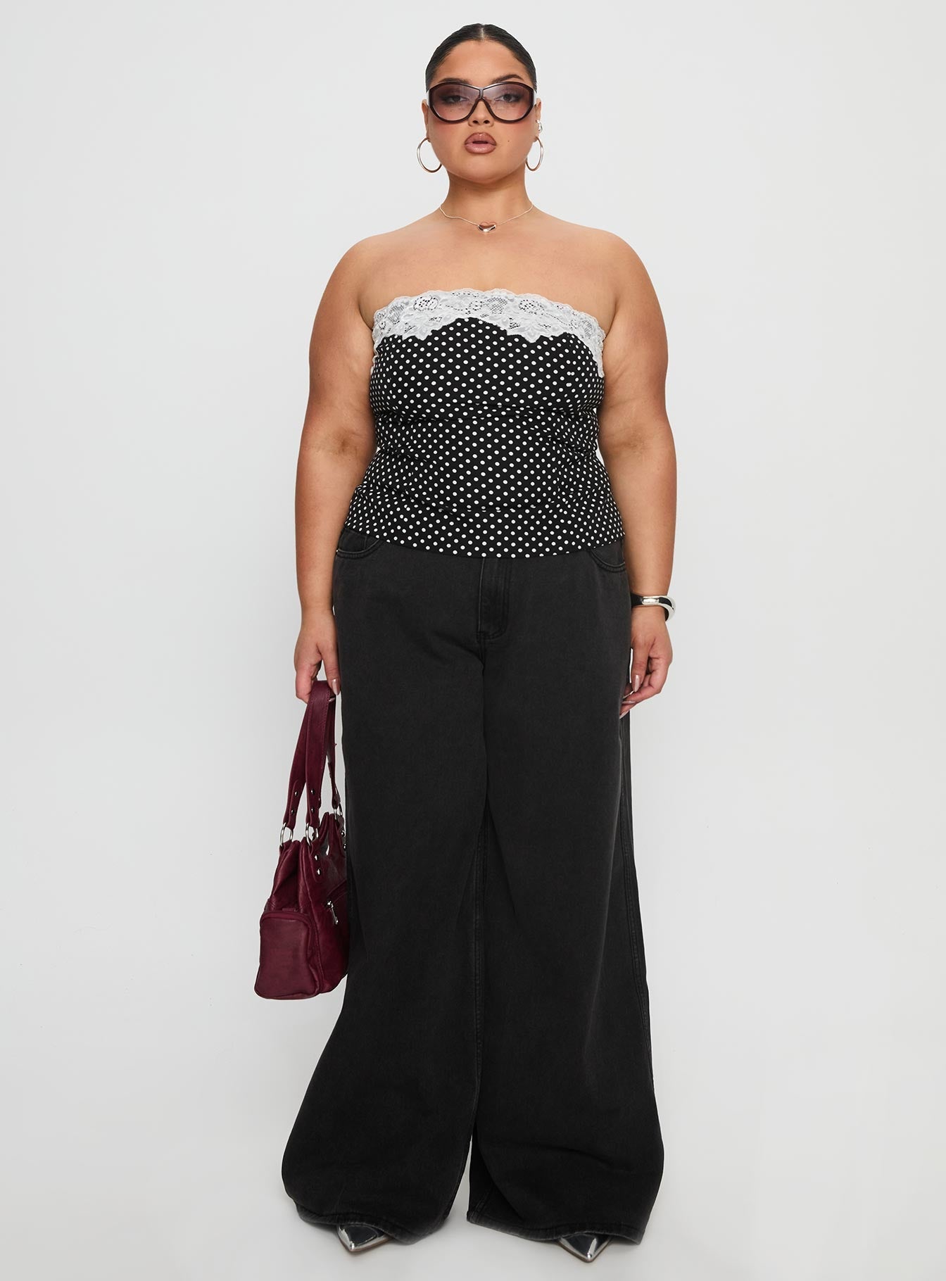 Ettore Lace Trim Strapless Top Black Polka Curve