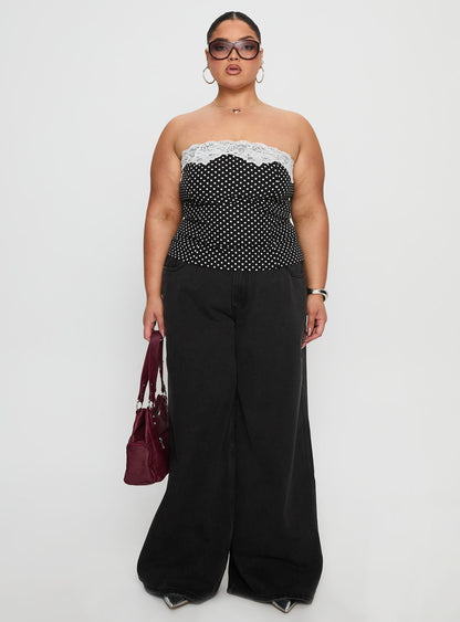 Ettore Lace Trim Strapless Top Black Polka Curve