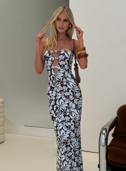 Saijana Strapless Maxi Dress Blue / Brown Floral